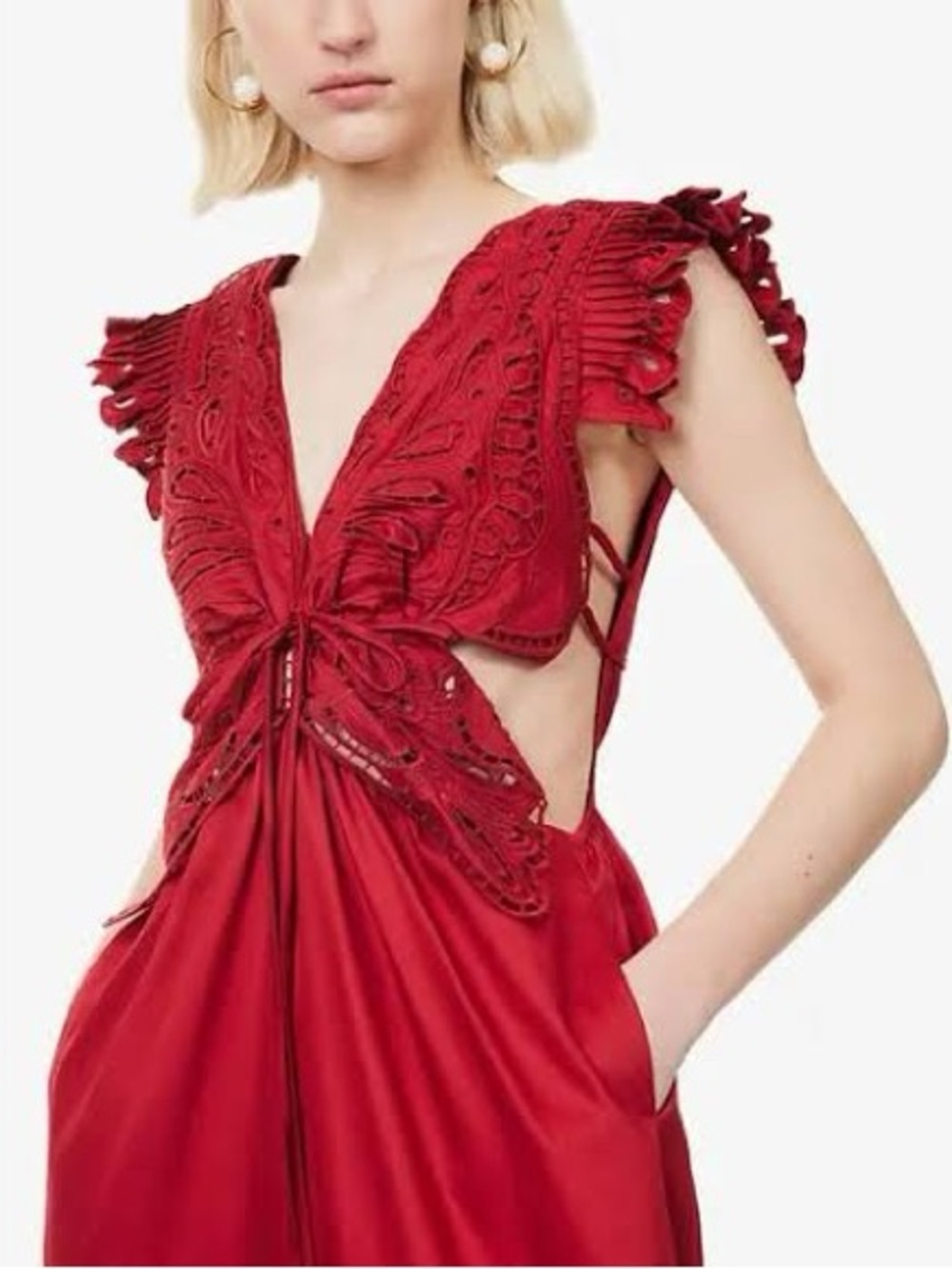 FARM Rio Scarlet Eyelet Midi Red Butterfly Dress, Small